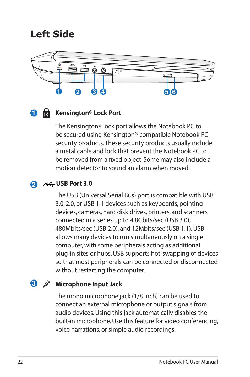 Left side | Asus G55VW User Manual | Page 22 / 134