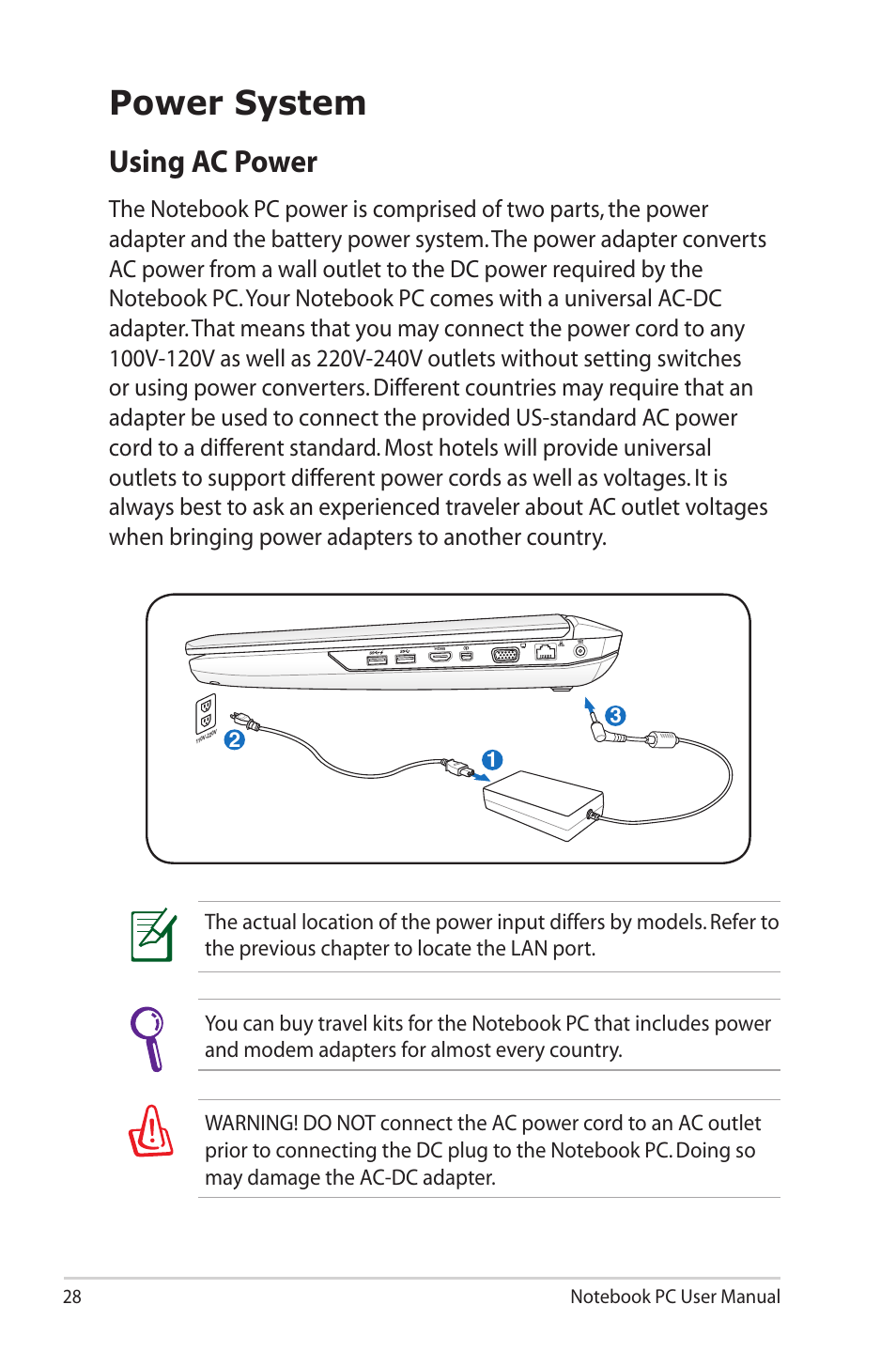 Power system, Using ac power | Asus G55VW User Manual | Page 28 / 134