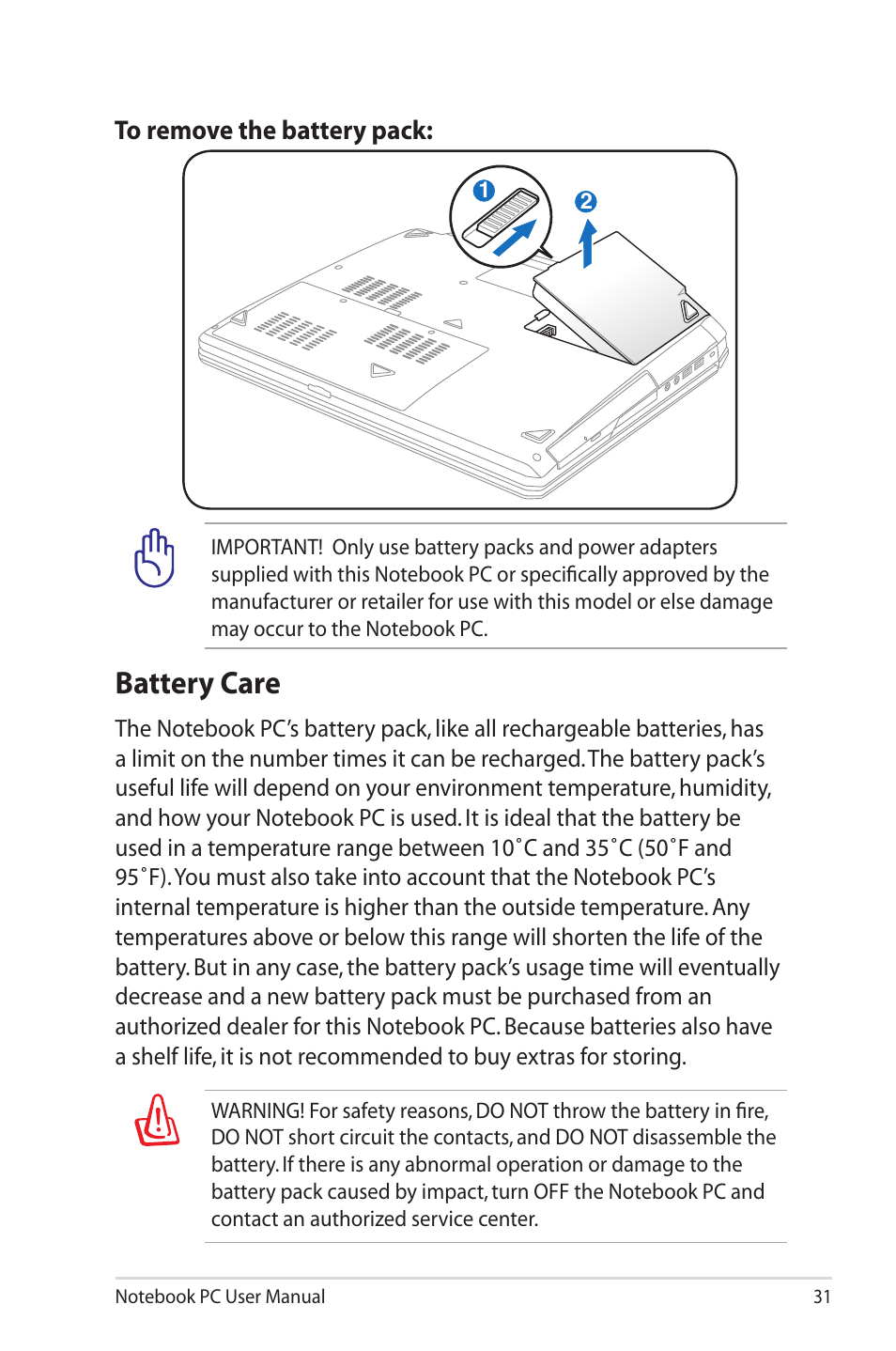 Battery care | Asus G55VW User Manual | Page 31 / 134