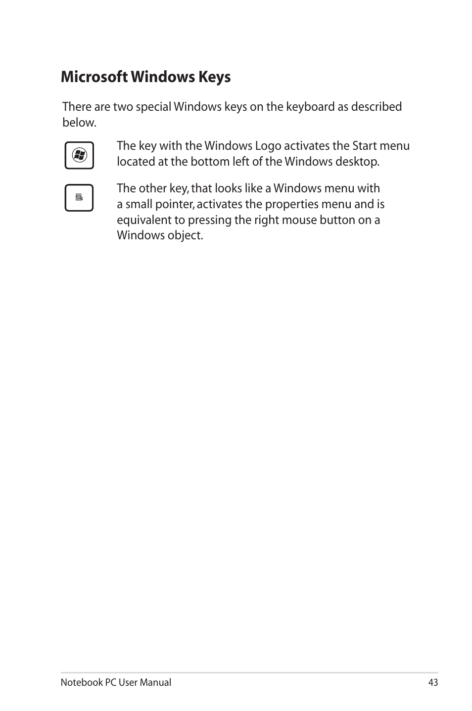 Microsoft windows keys | Asus G55VW User Manual | Page 43 / 134