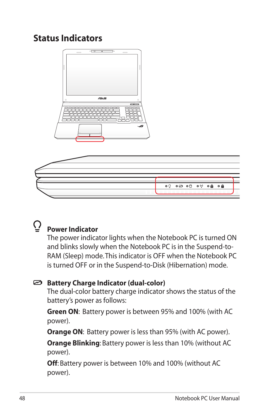 Status indicators | Asus G55VW User Manual | Page 48 / 134