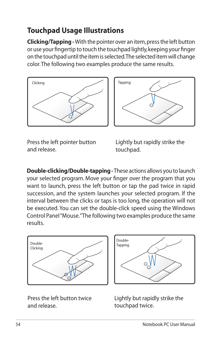 Touchpad usage illustrations | Asus G55VW User Manual | Page 54 / 134