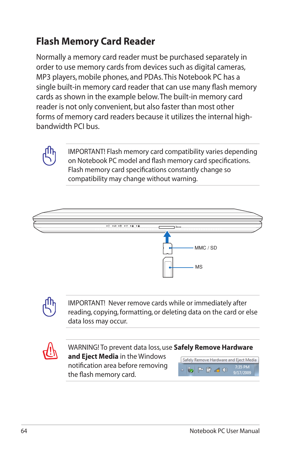 Flash memory card reader | Asus G55VW User Manual | Page 64 / 134