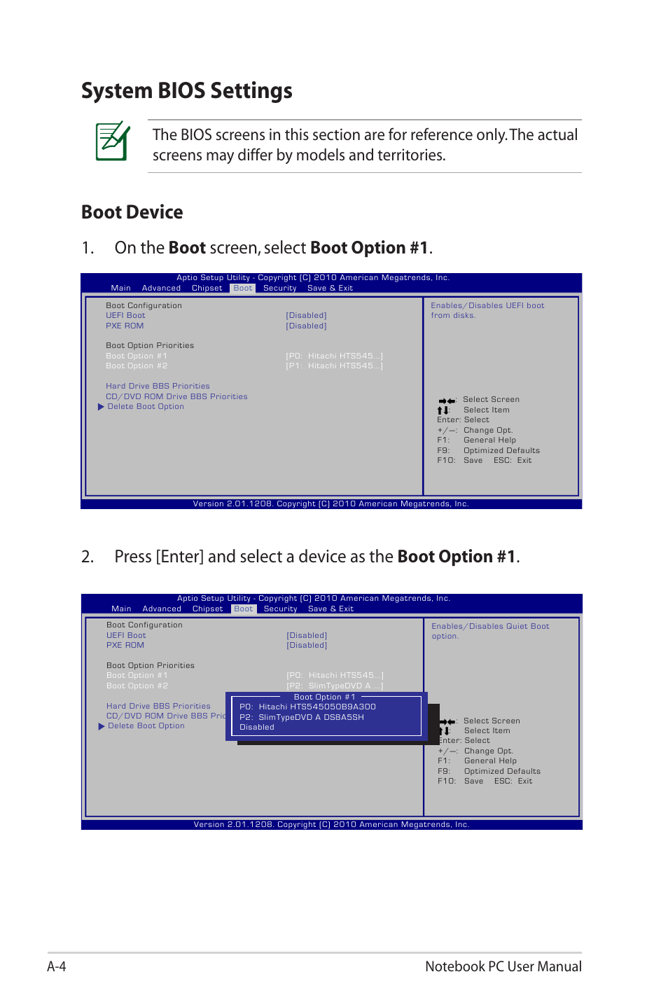 System bios settings, Boot device, On the boot screen, select boot option #1 | Asus G55VW User Manual | Page 82 / 134