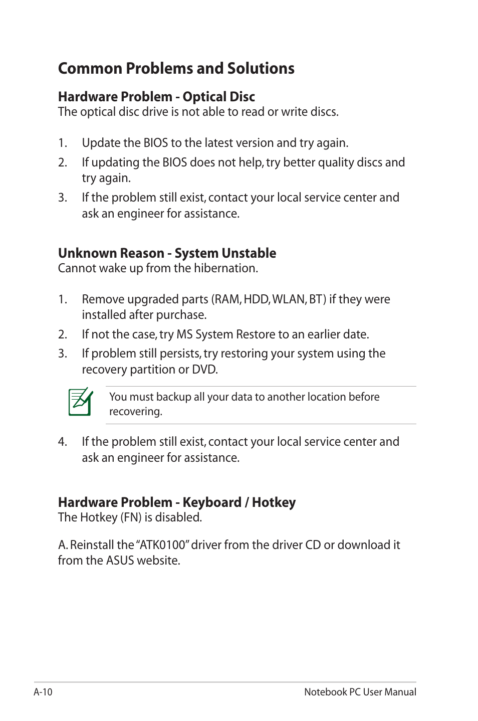 Common problems and solutions | Asus G55VW User Manual | Page 88 / 134