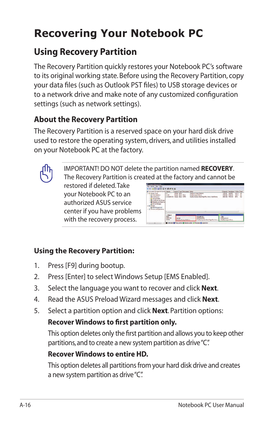 Recovering your notebook pc, Using recovery partition | Asus G55VW User Manual | Page 94 / 134