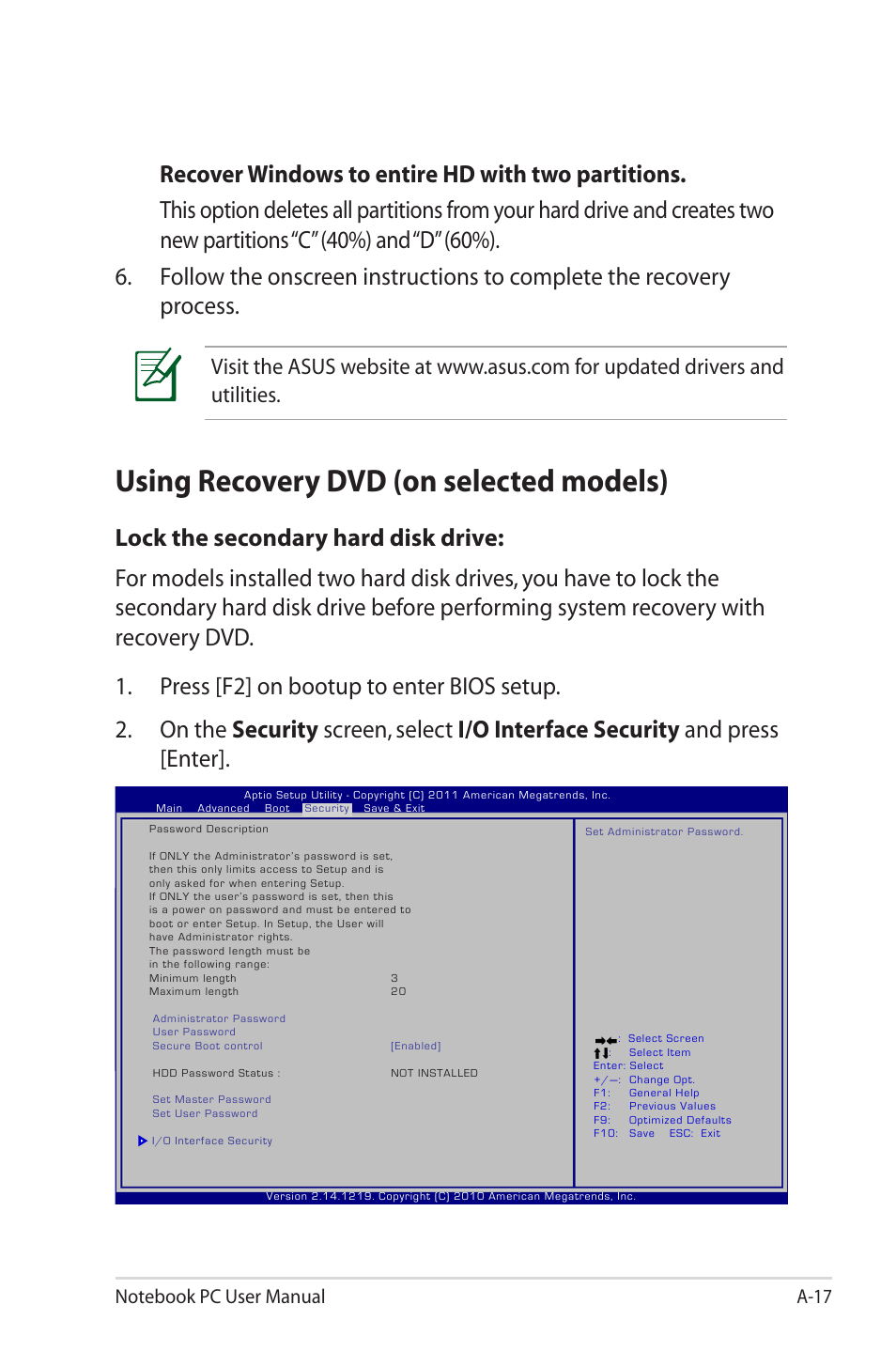 Using recovery dvd (on selected models) | Asus G55VW User Manual | Page 95 / 134