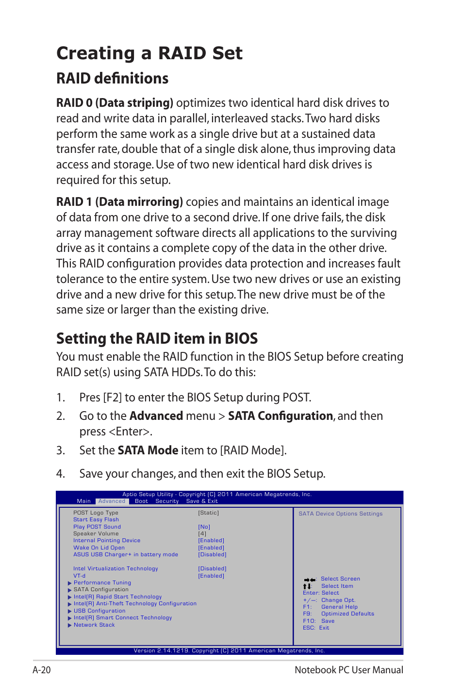 Creating a raid set, Raid definitions, Setting the raid item in bios | Asus G55VW User Manual | Page 98 / 134