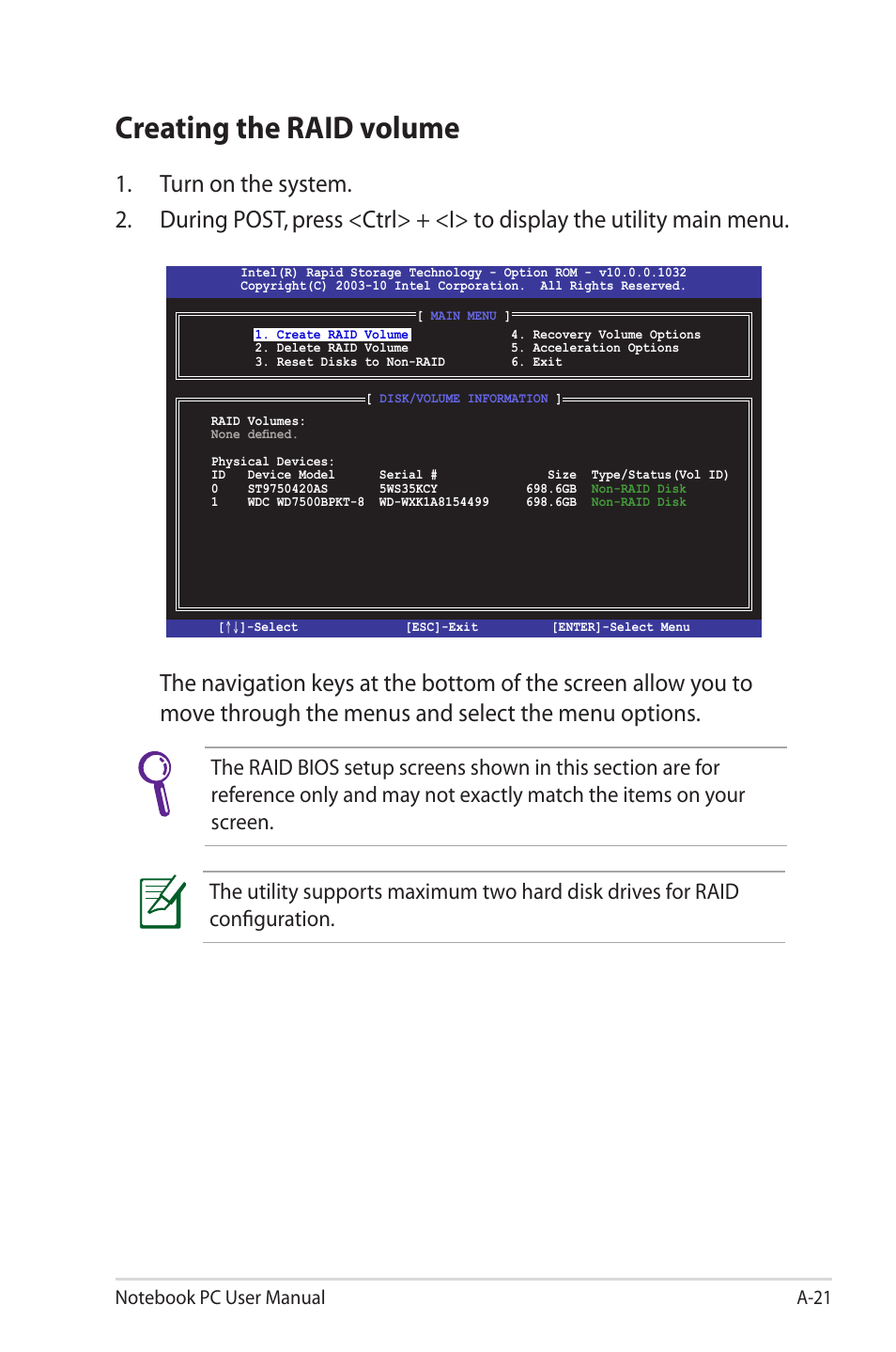 Creating the raid volume | Asus G55VW User Manual | Page 99 / 134