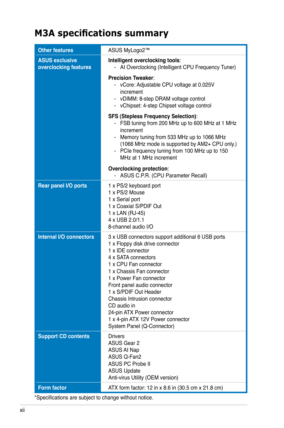 M3a specifications summary | Asus M3A User Manual | Page 12 / 134