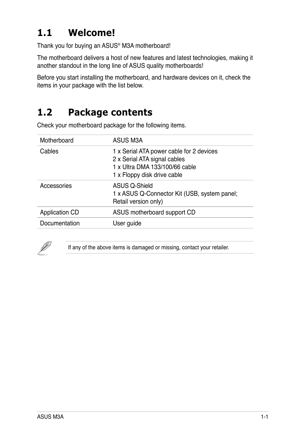 1 welcome, 2 package contents | Asus M3A User Manual | Page 15 / 134