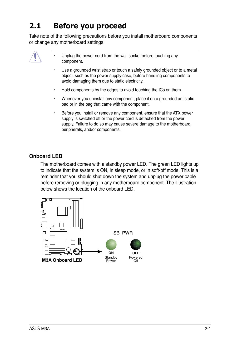 1 before you proceed, Onboard led | Asus M3A User Manual | Page 23 / 134