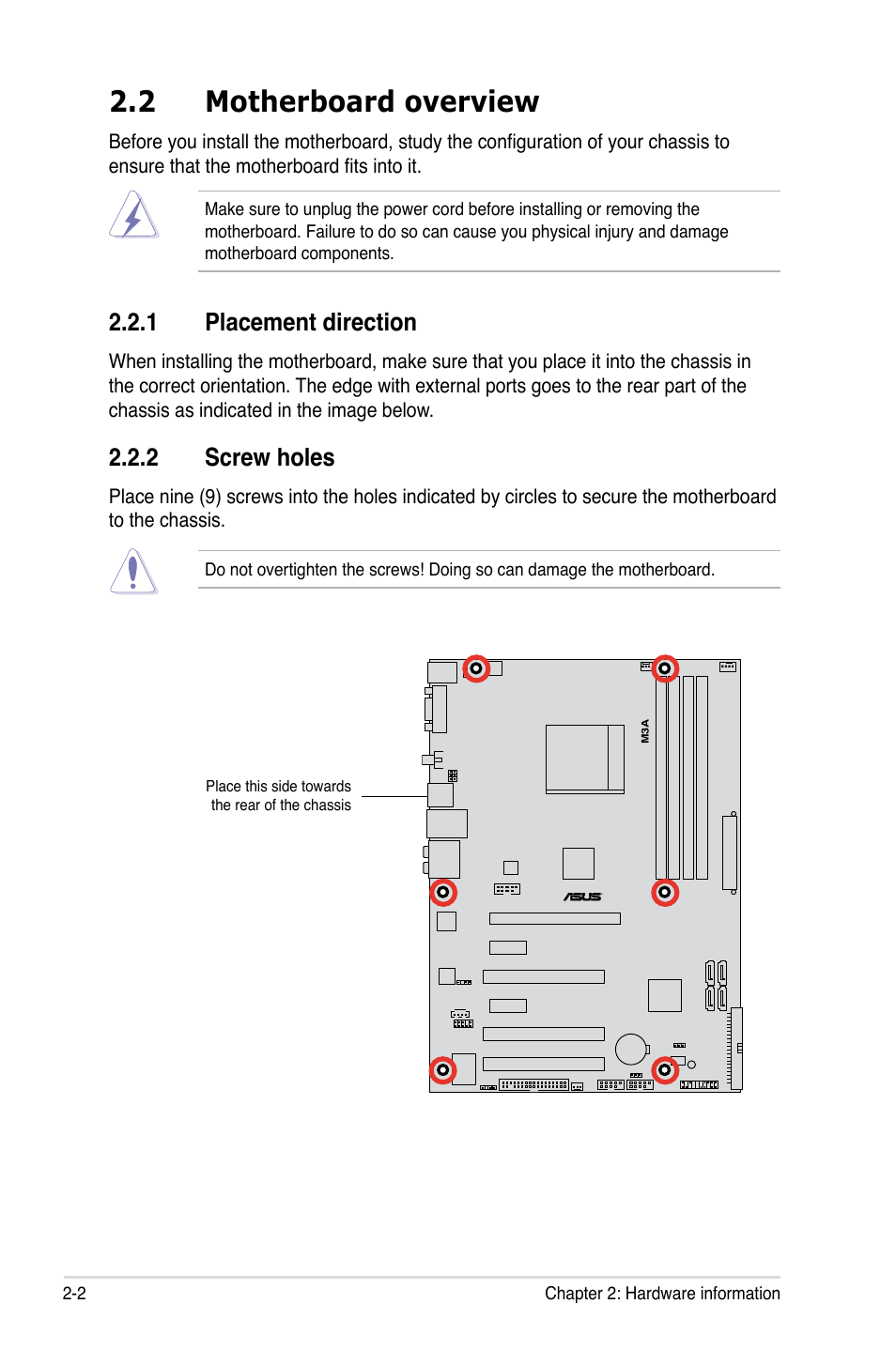 2 motherboard overview, 1 placement direction, 2 screw holes | Asus M3A User Manual | Page 24 / 134