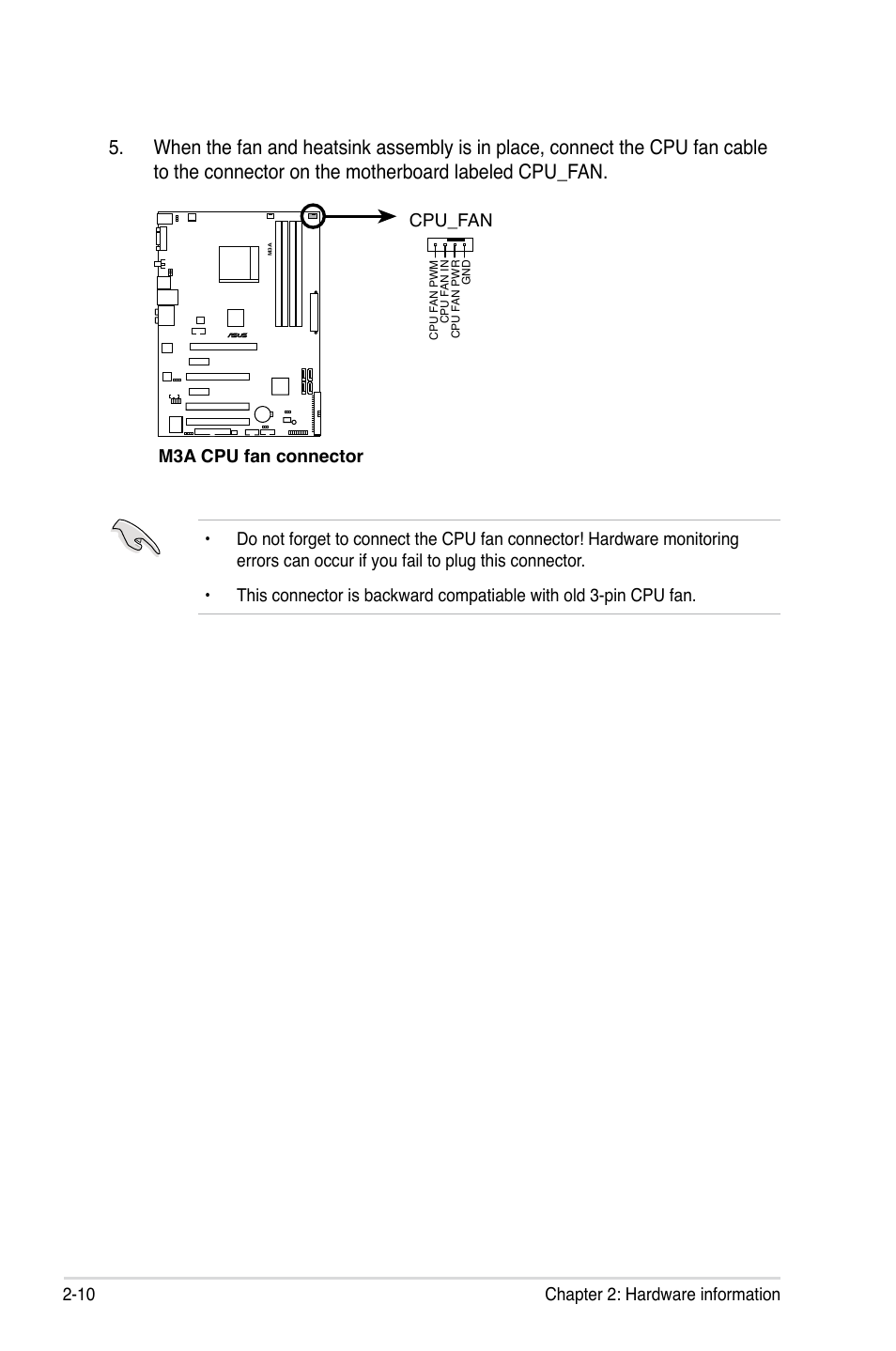 10 chapter 2: hardware information, M3a cpu fan connector cpu_fan | Asus M3A User Manual | Page 32 / 134