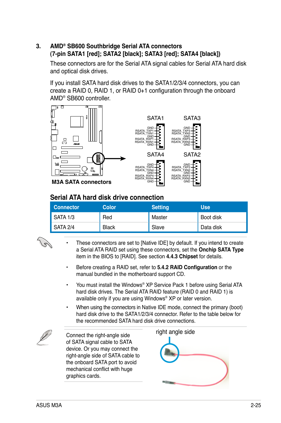 Serial ata hard disk drive connection, Right angle side, Sb600 controller | M3a sata connectors sata1, Sata3, Sata4, Sata2 | Asus M3A User Manual | Page 47 / 134