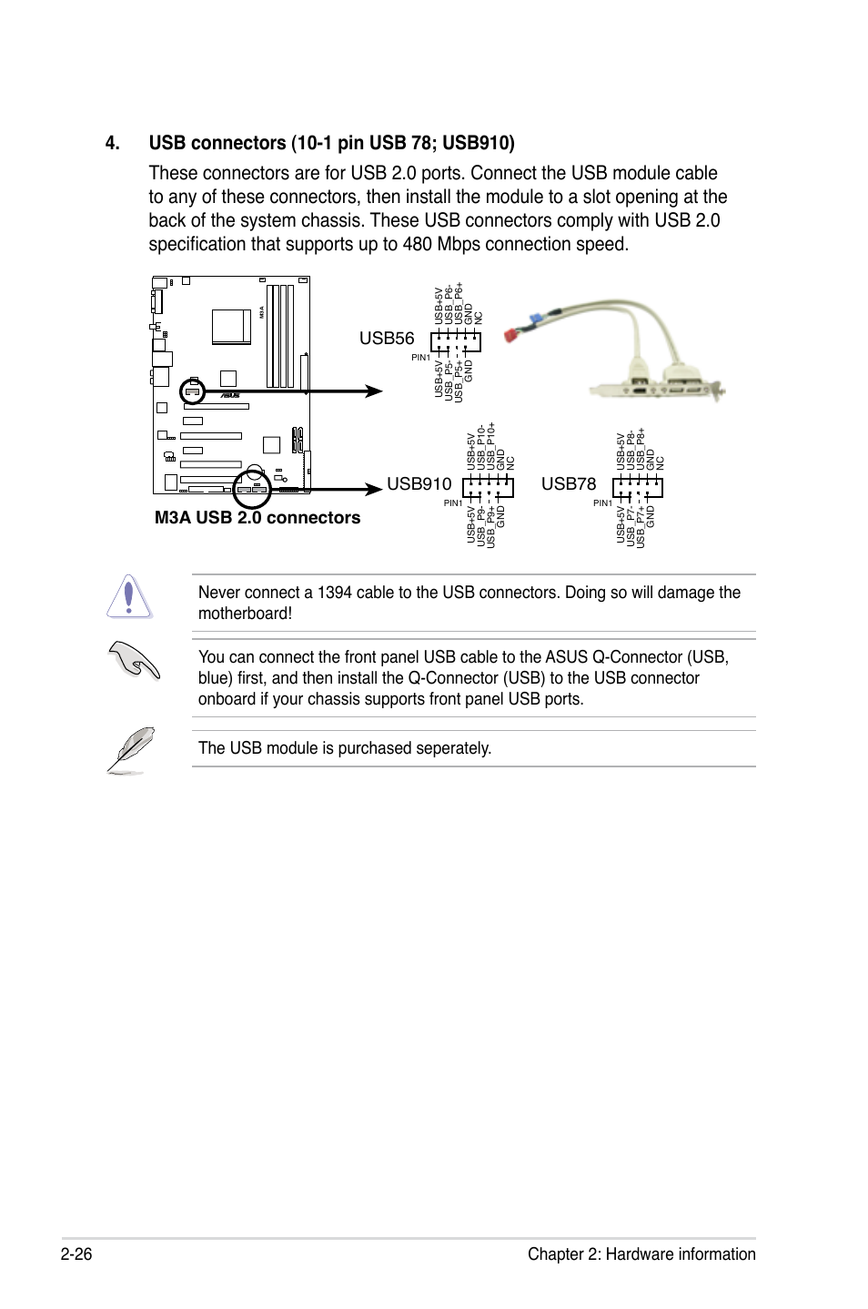 26 chapter 2: hardware information, M3a usb 2.0 connectors, Usb78 | Usb910 | Asus M3A User Manual | Page 48 / 134