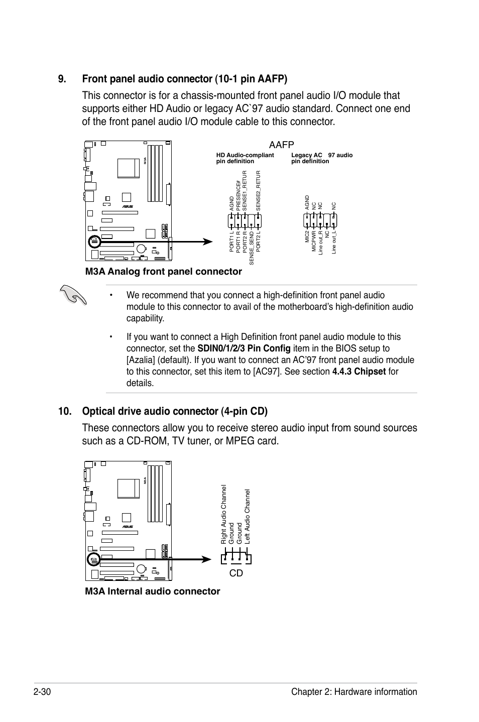 30 chapter 2: hardware information, M3a internal audio connector cd, M3a analog front panel connector aafp | Asus M3A User Manual | Page 52 / 134