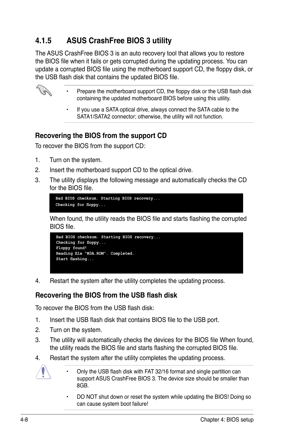 5 asus crashfree bios 3 utility, Recovering the bios from the support cd, Recovering the bios from the usb flash disk | Asus M3A User Manual | Page 68 / 134