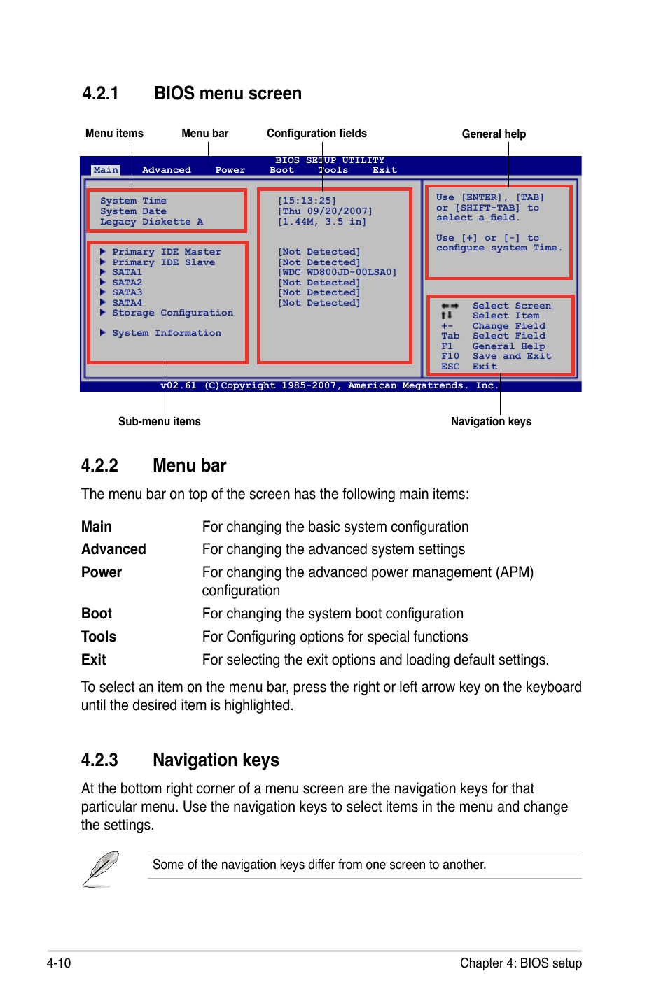 2 menu bar, 3 navigation keys, 1 bios menu screen | Asus M3A User Manual | Page 70 / 134