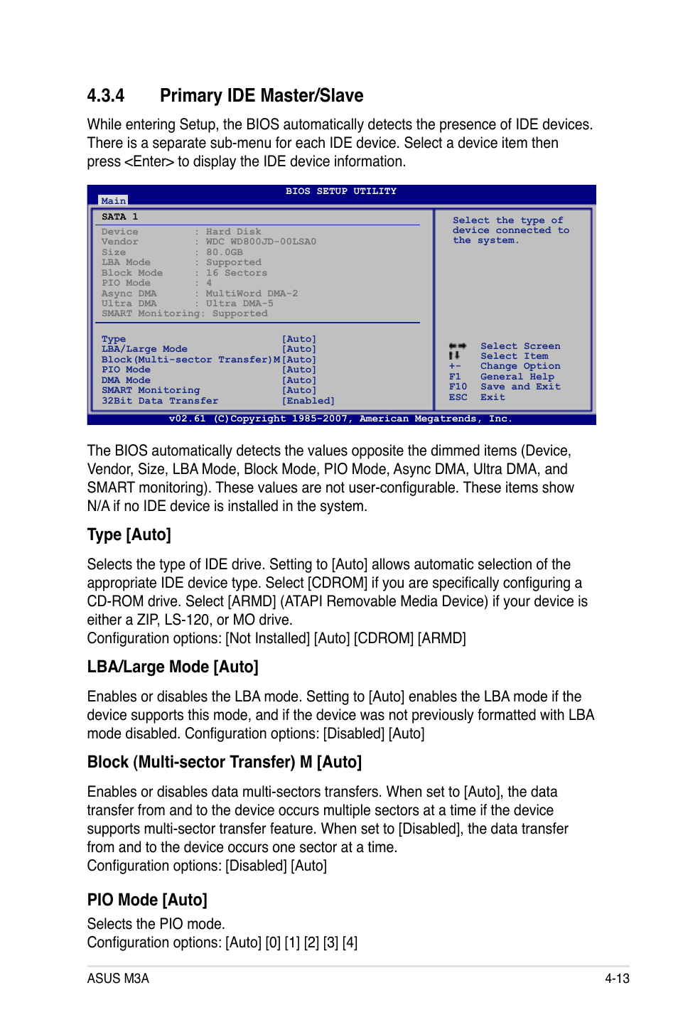 4 primary ide master/slave, Type [auto, Lba/large mode [auto | Block (multi-sector transfer) m [auto, Pio mode [auto | Asus M3A User Manual | Page 73 / 134