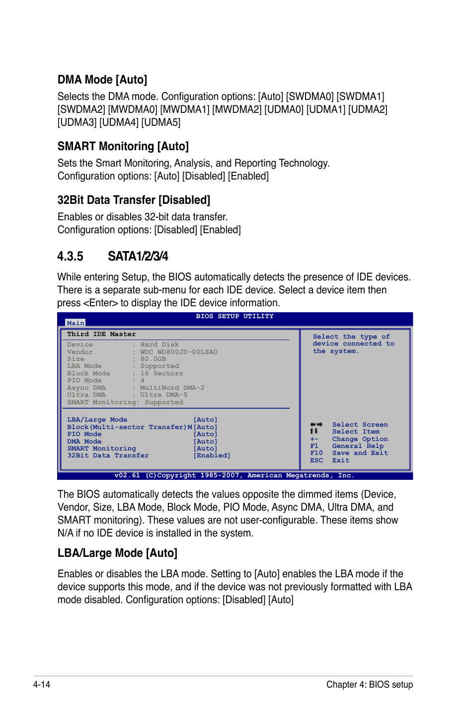 Dma mode [auto, Smart monitoring [auto, 32bit data transfer [disabled | Lba/large mode [auto | Asus M3A User Manual | Page 74 / 134