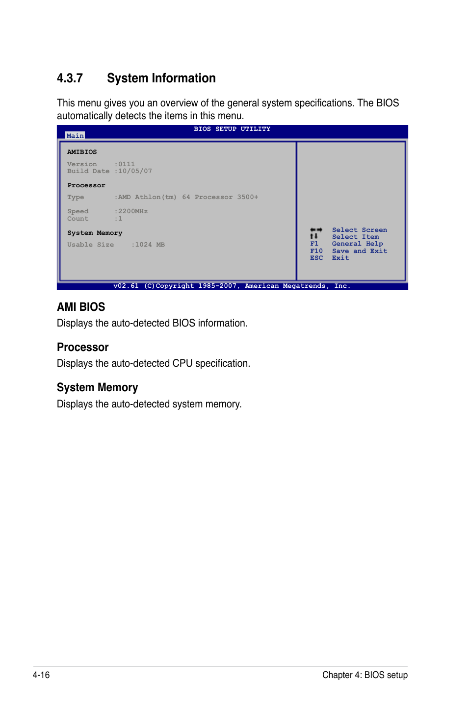 7 system information, Ami bios, Processor | Displays the auto-detected bios information, Displays the auto-detected cpu specification | Asus M3A User Manual | Page 76 / 134