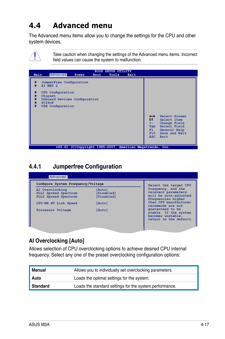 4 advanced menu, 1 jumperfree configuration, Ai overclocking [auto | Asus M3A User Manual | Page 77 / 134