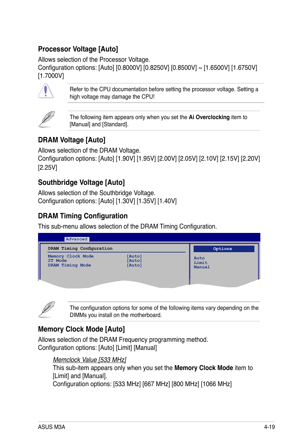 Dram voltage [auto, Southbridge voltage [auto, Dram timing configuration | Processor voltage [auto | Asus M3A User Manual | Page 79 / 134