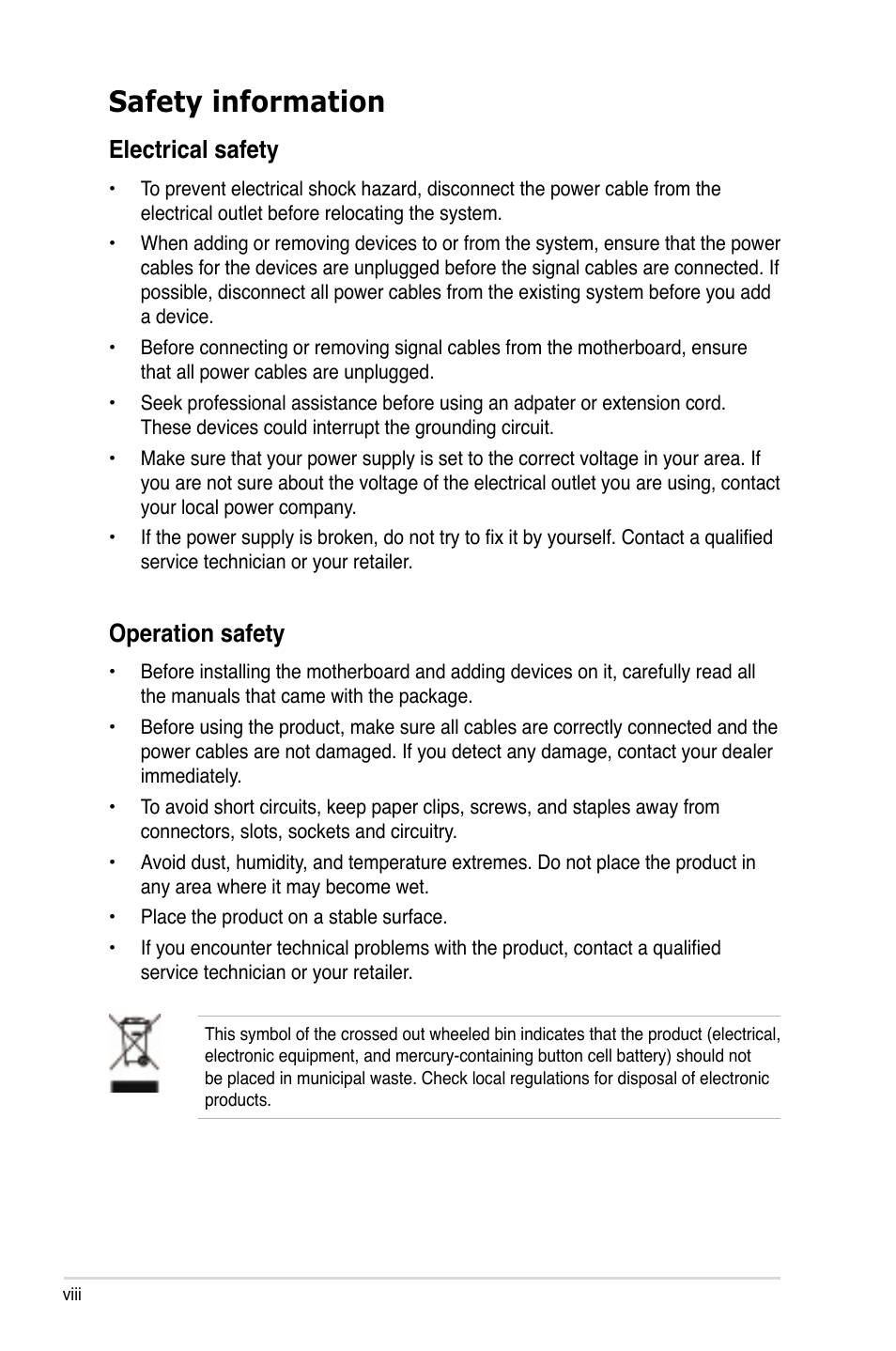 Safety information, Electrical safety, Operation safety | Asus M3A User Manual | Page 8 / 134