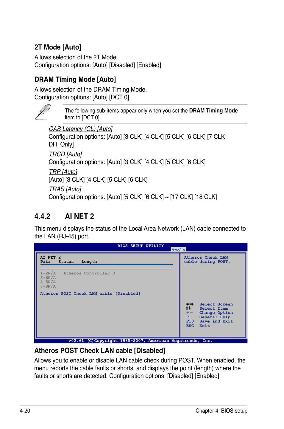 2 ai net 2, 2t mode [auto, Dram timing mode [auto | Atheros post check lan cable [disabled | Asus M3A User Manual | Page 80 / 134