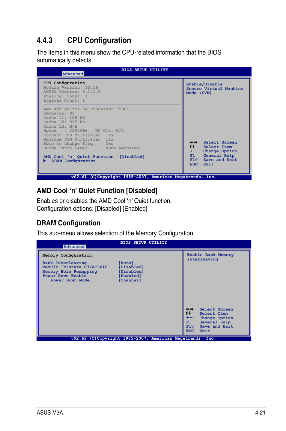 3 cpu configuration, Amd cool ‘n’ quiet function [disabled, Dram configuration | Asus m3a 4-21 | Asus M3A User Manual | Page 81 / 134