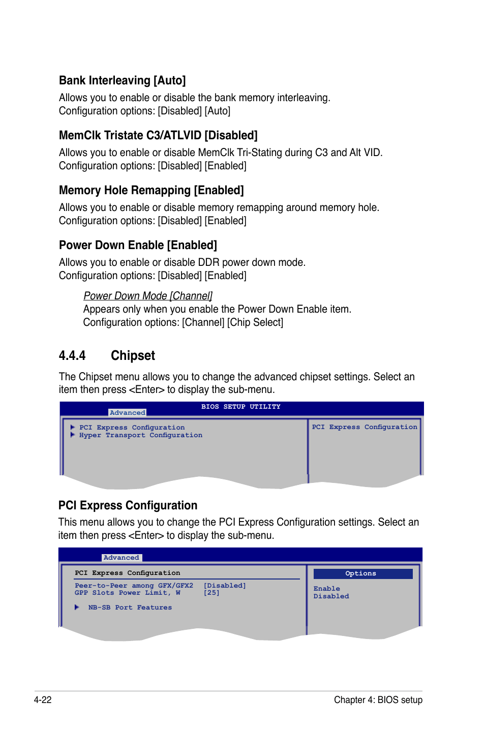 4 chipset, Bank interleaving [auto, Memclk tristate c3/atlvid [disabled | Power down enable [enabled, Pci express configuration | Asus M3A User Manual | Page 82 / 134