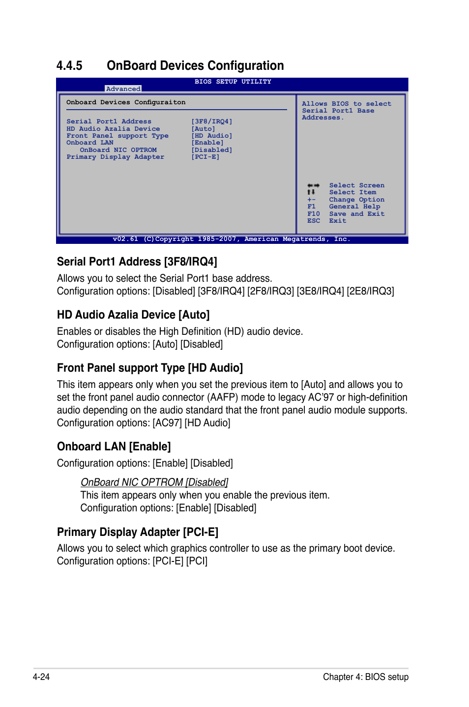 5 onboard devices configuration, Serial port1 address [3f8/irq4, Hd audio azalia device [auto | Front panel support type [hd audio, Onboard lan [enable, Primary display adapter [pci-e | Asus M3A User Manual | Page 84 / 134