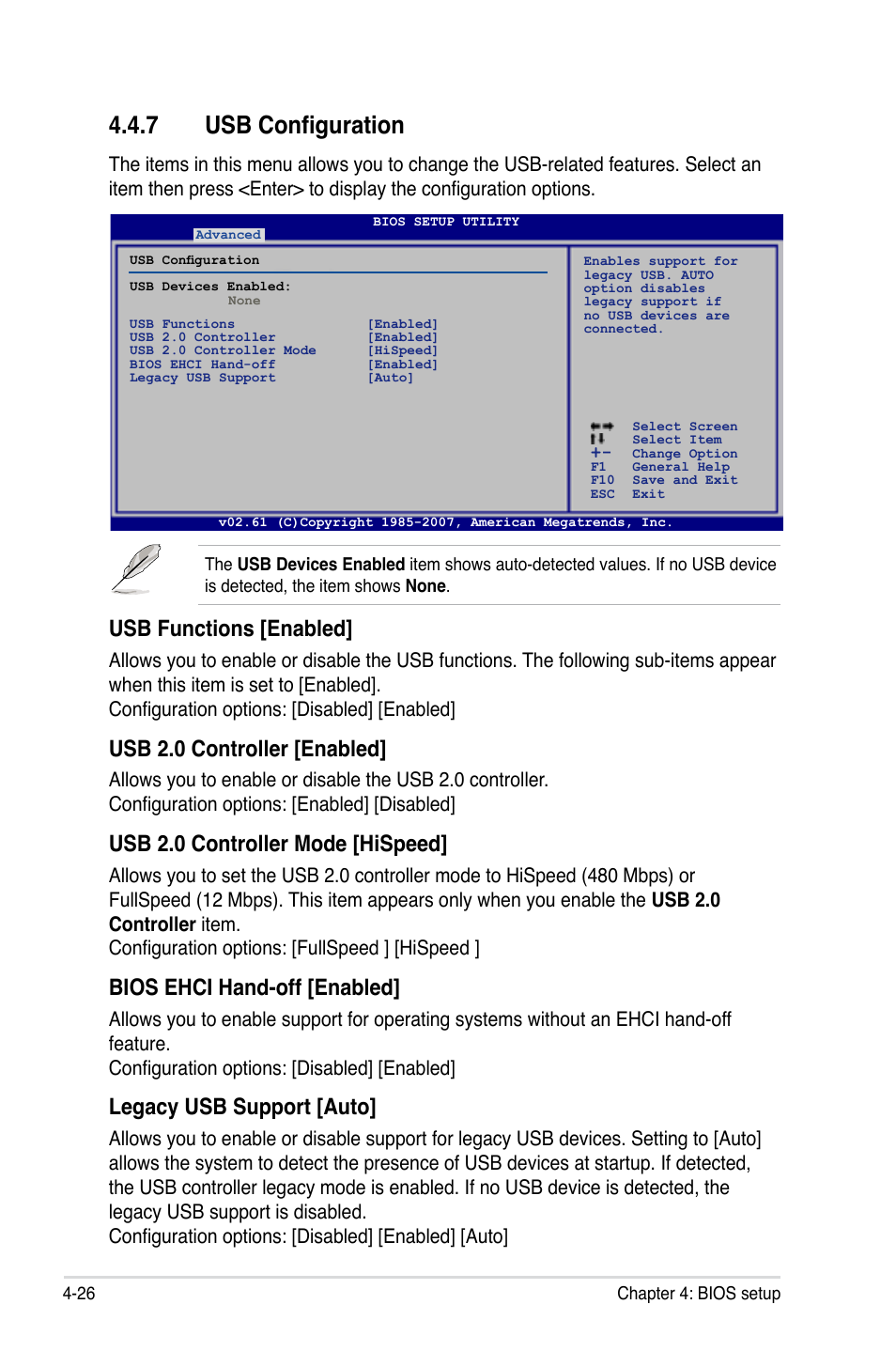 7 usb configuration, Usb functions [enabled, Usb 2.0 controller [enabled | Usb 2.0 controller mode [hispeed, Bios ehci hand-off [enabled, Legacy usb support [auto | Asus M3A User Manual | Page 86 / 134