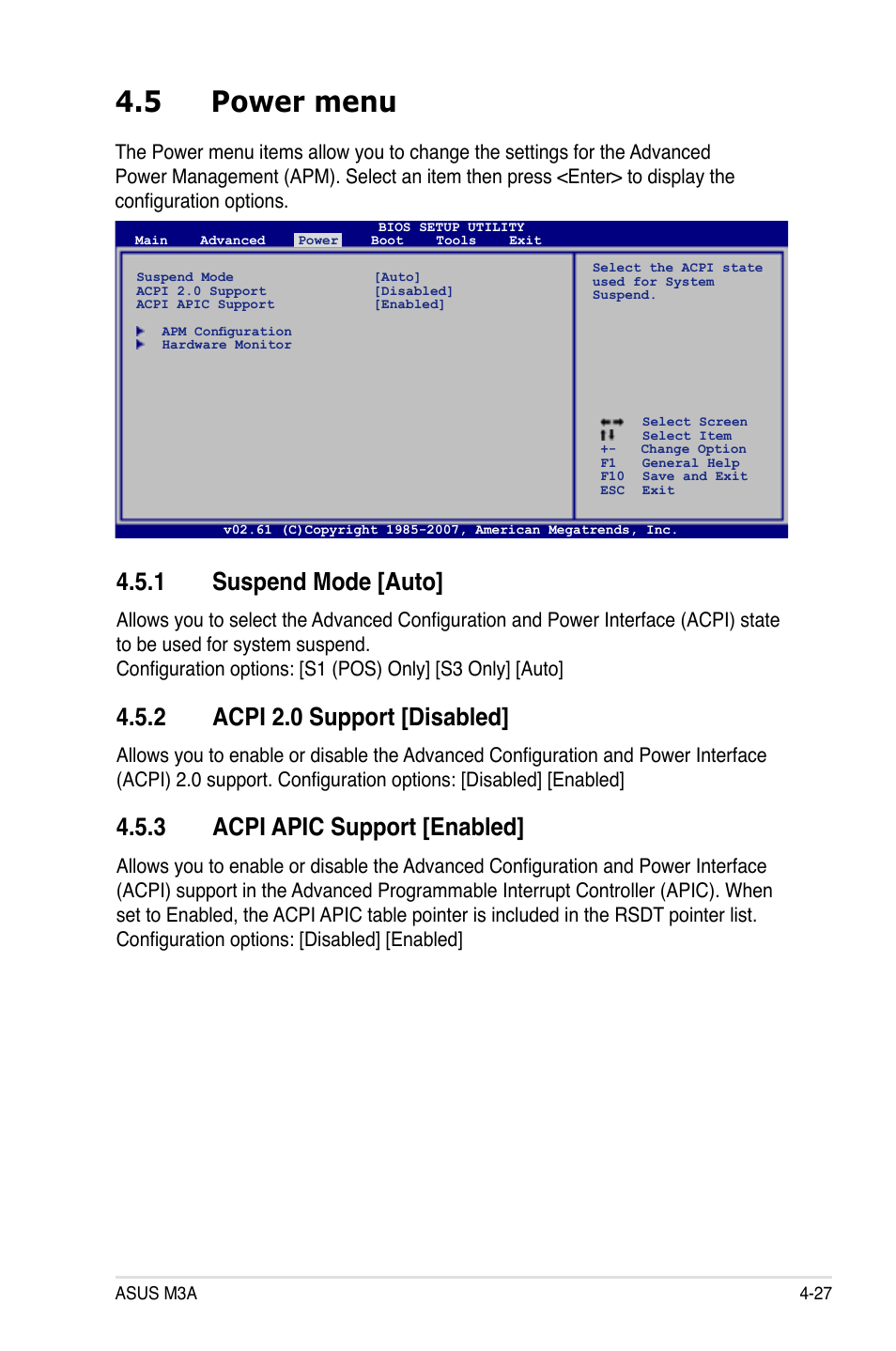 5 power menu, 1 suspend mode [auto, 2 acpi 2.0 support [disabled | 3 acpi apic support [enabled | Asus M3A User Manual | Page 87 / 134