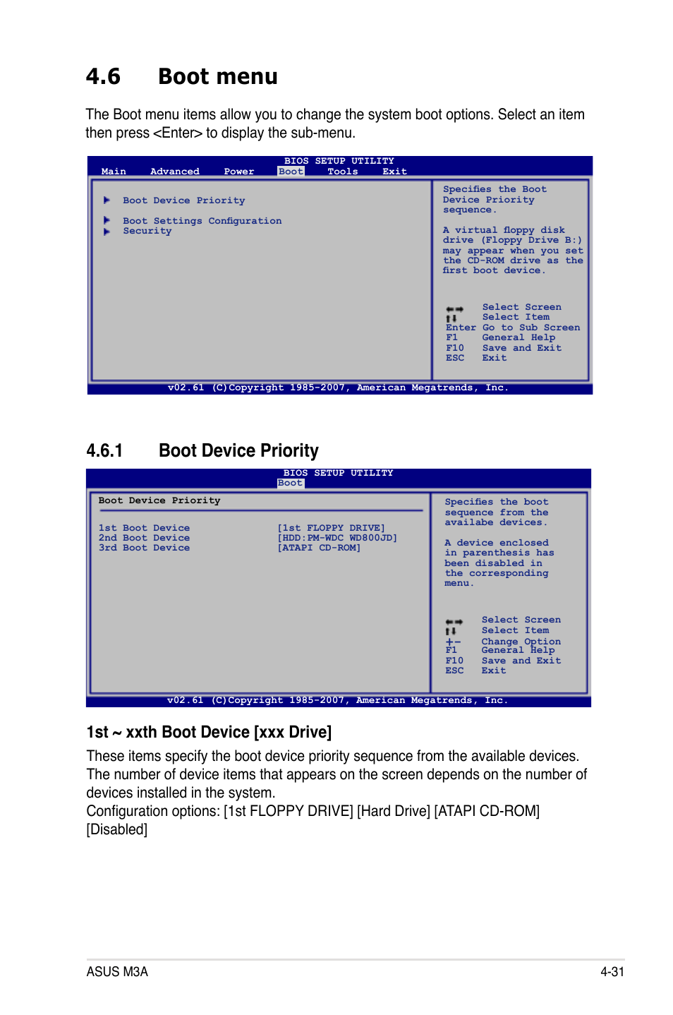 6 boot menu, 1 boot device priority, 1st ~ xxth boot device [xxx drive | Asus M3A User Manual | Page 91 / 134