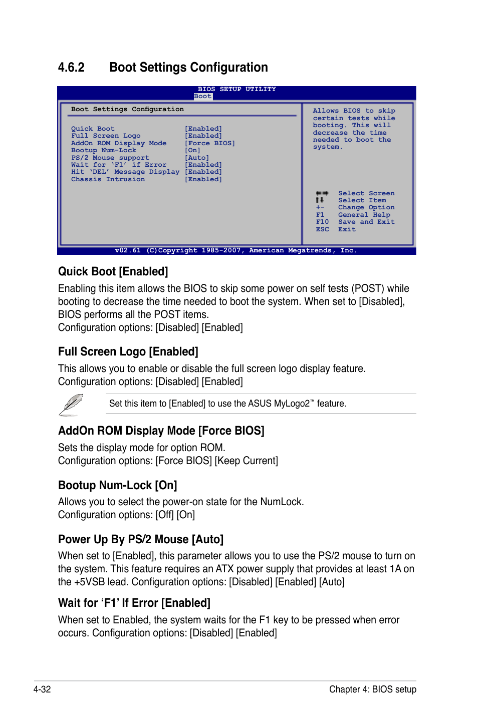 2 boot settings configuration, Quick boot [enabled, Full screen logo [enabled | Addon rom display mode [force bios, Bootup num-lock [on, Power up by ps/2 mouse [auto, Wait for ‘f1’ if error [enabled | Asus M3A User Manual | Page 92 / 134