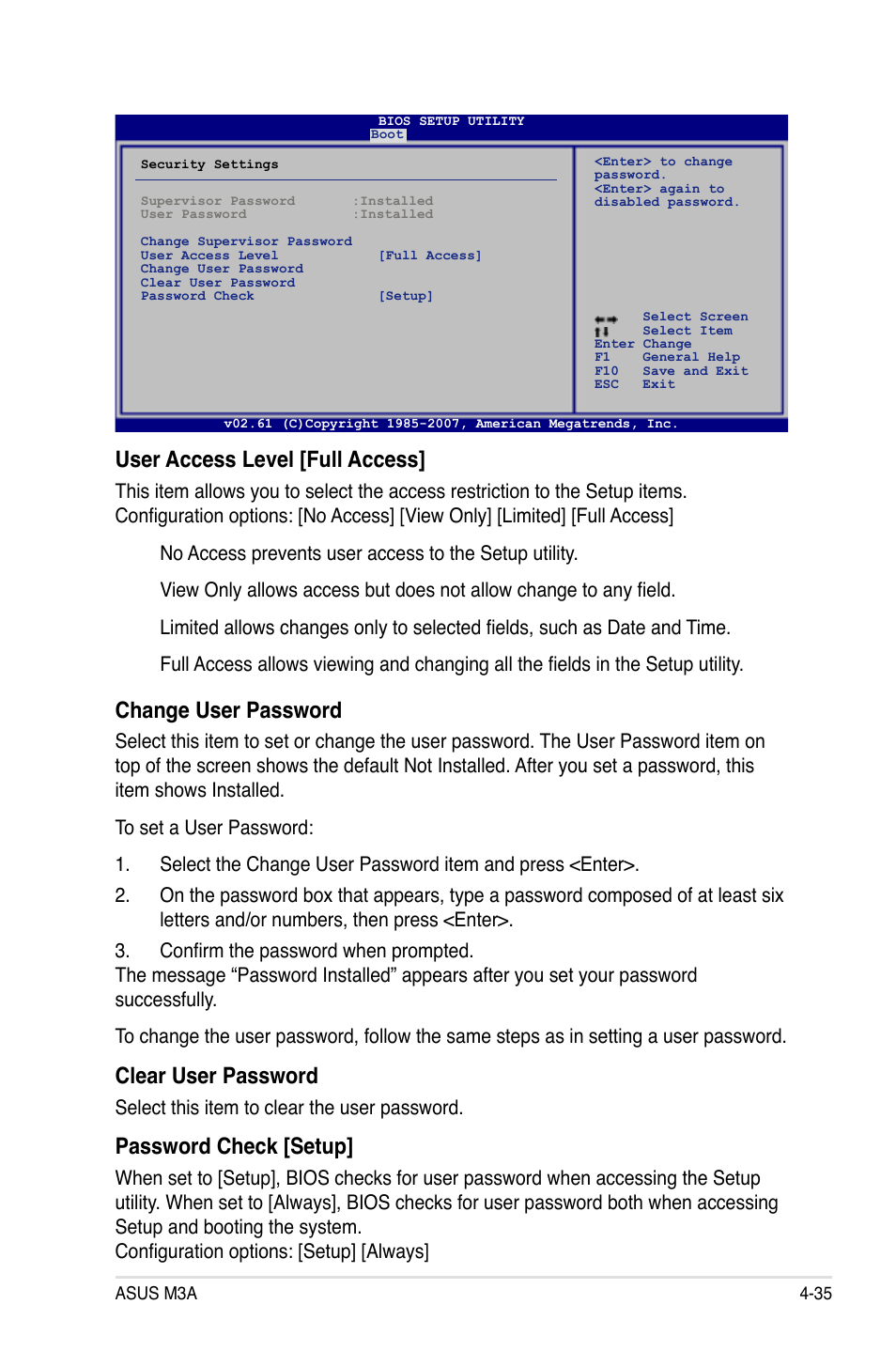 User access level [full access, Change user password, Clear user password | Password check [setup, Select this item to clear the user password | Asus M3A User Manual | Page 95 / 134