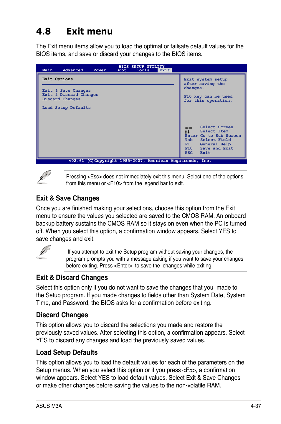 8 exit menu, Exit & save changes, Exit & discard changes | Discard changes, Load setup defaults | Asus M3A User Manual | Page 97 / 134