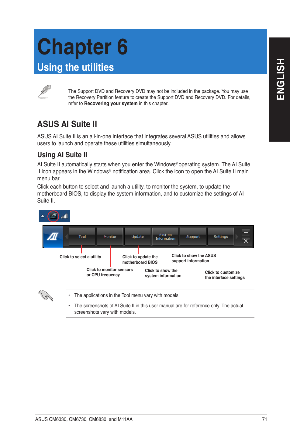 Chapter 6: using the utilities, Asus ai suite ii, Using the utilities | Chapter 6, En gl is h en gl is h | Asus CM6830 User Manual | Page 71 / 90