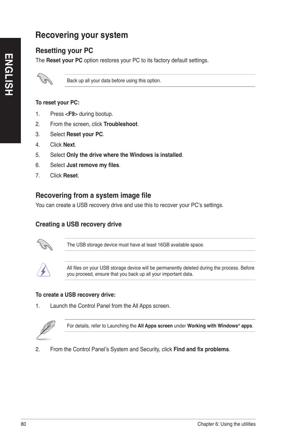 Recovering your system, En gl is h en gl is h en gl is h en gl is h | Asus CM6830 User Manual | Page 80 / 90