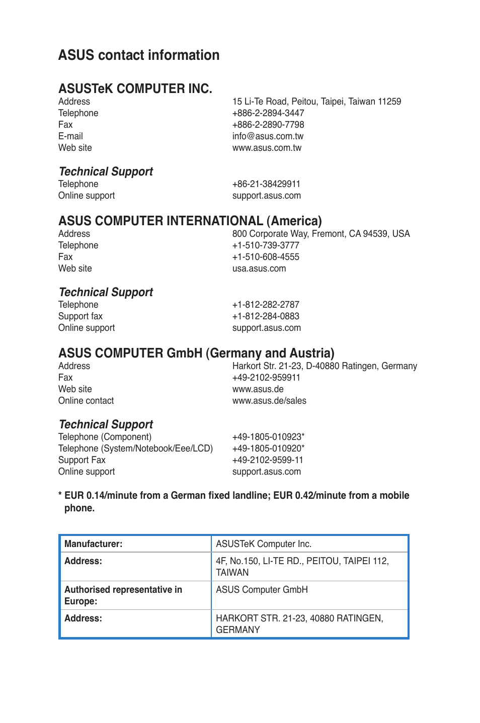 Asus contact information, Asustek computer inc, Asus computer international (america) | Asus computer gmbh (germany and austria), Technical support | Asus CM6830 User Manual | Page 90 / 90