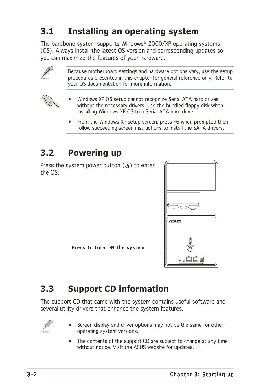 1 installing an operating system, 3 support cd information, 2 powering up | Asus Vintage-AH1 User Manual | Page 43 / 113