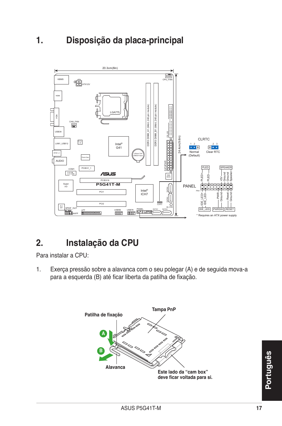 Disposição da placa-principal . instalação da cpu, Português, Asus p5g41t-m | Asus P5G41T-M/USB3 User Manual | Page 17 / 41