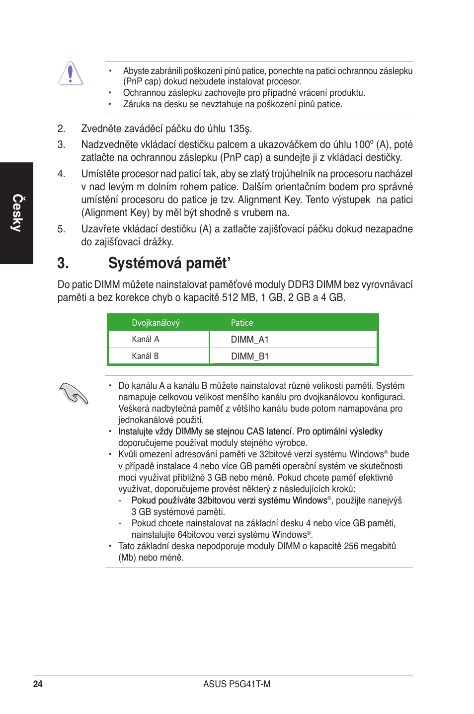 Systémová pamět, Česky | Asus P5G41T-M/USB3 User Manual | Page 24 / 41