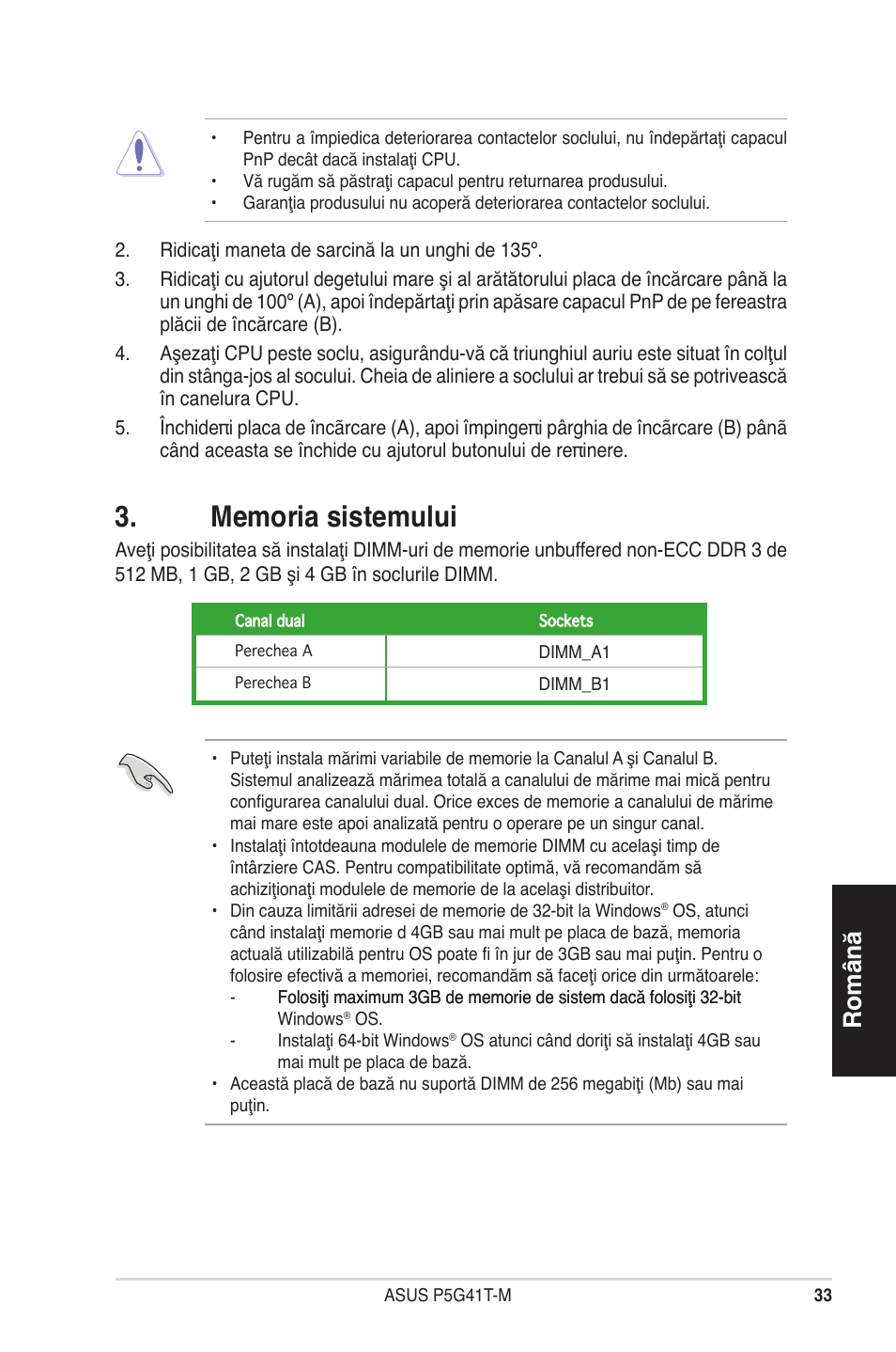 Română | Asus P5G41T-M/USB3 User Manual | Page 33 / 41