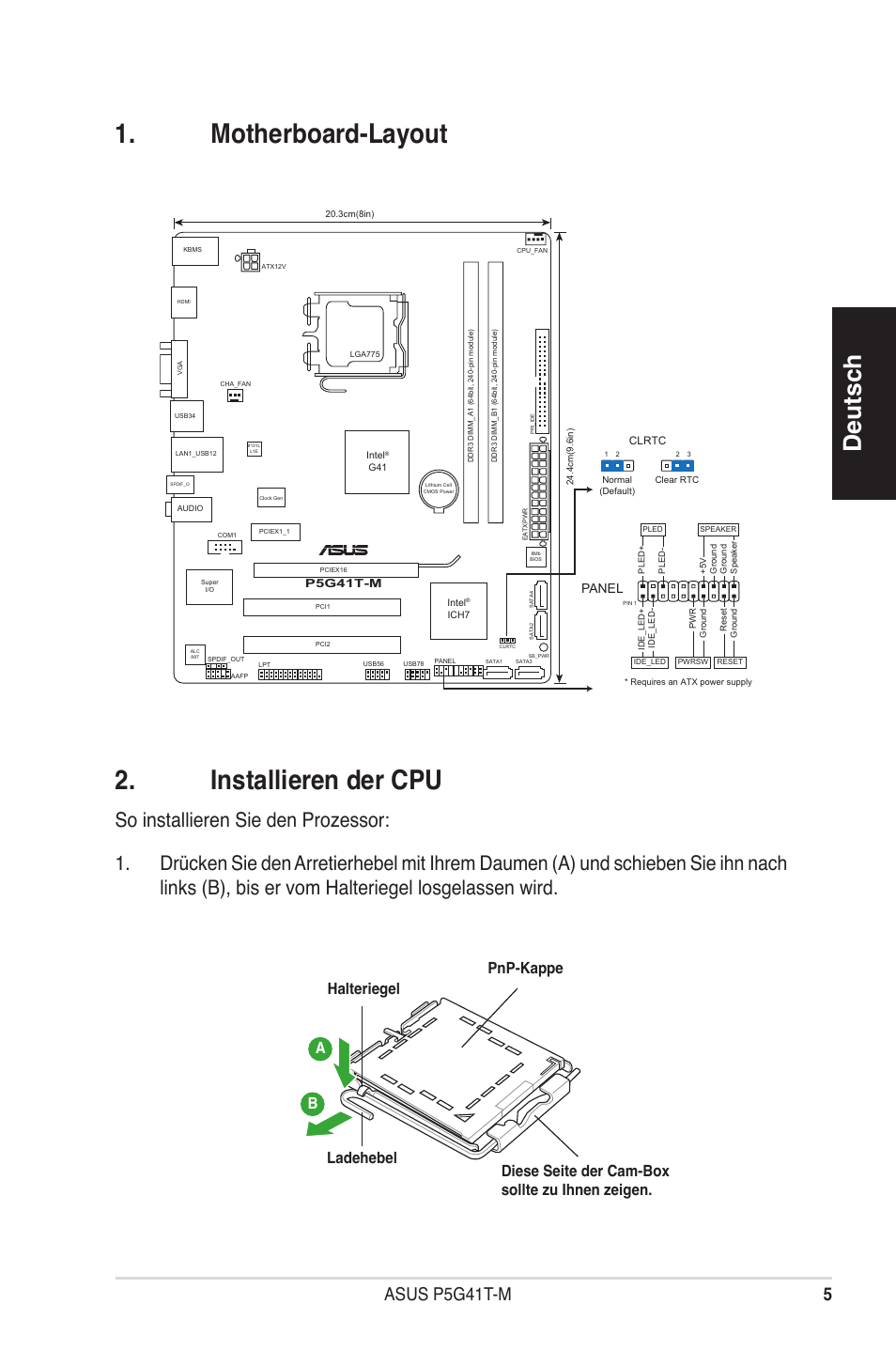 Motherboard-layout . installieren der cpu, Deutsch, Asus p5g41t-m | Panel | Asus P5G41T-M/USB3 User Manual | Page 5 / 41