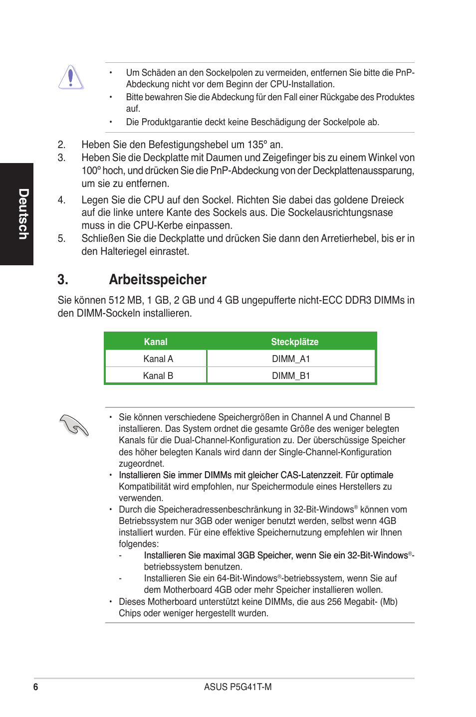 Arbeitsspeicher, Deutsch | Asus P5G41T-M/USB3 User Manual | Page 6 / 41