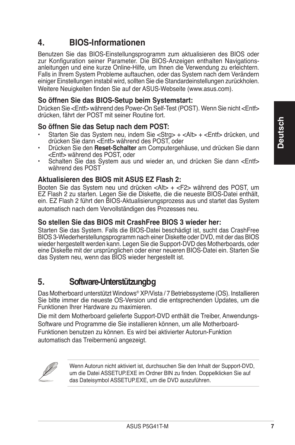 Bios-informationen, Software-unterstützungbg, Deutsch | Asus P5G41T-M/USB3 User Manual | Page 7 / 41