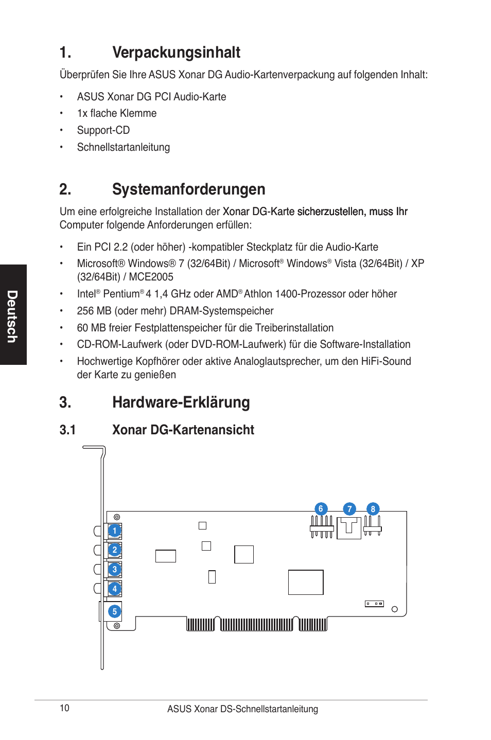 Verpackungsinhalt, Systemanforderungen, Hardware-erklärung | Deutsch, 1 xonar dg-kartenansicht | Asus Xonar DG User Manual | Page 10 / 28